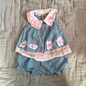 Vintage Cradle Togs Gingham picnic outfit set top and bloomers 6/9 months
